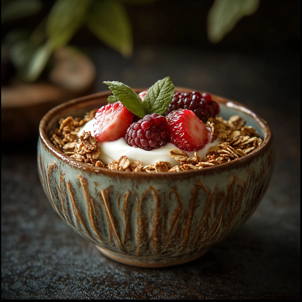 Поживна гранола з ягодами та йогуртом для сніданку