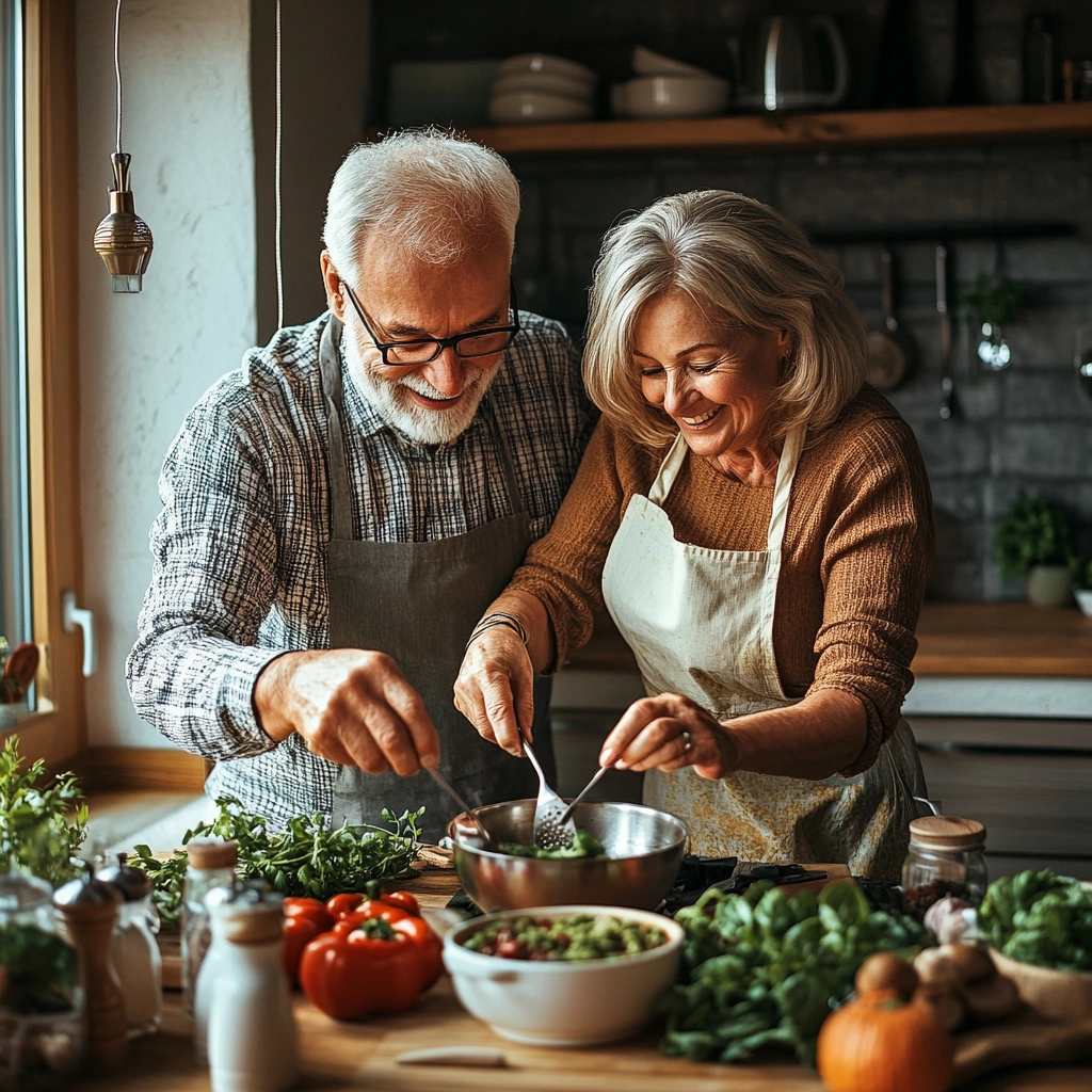Активна пара старшого віку готує разом здорову їжу на кухні