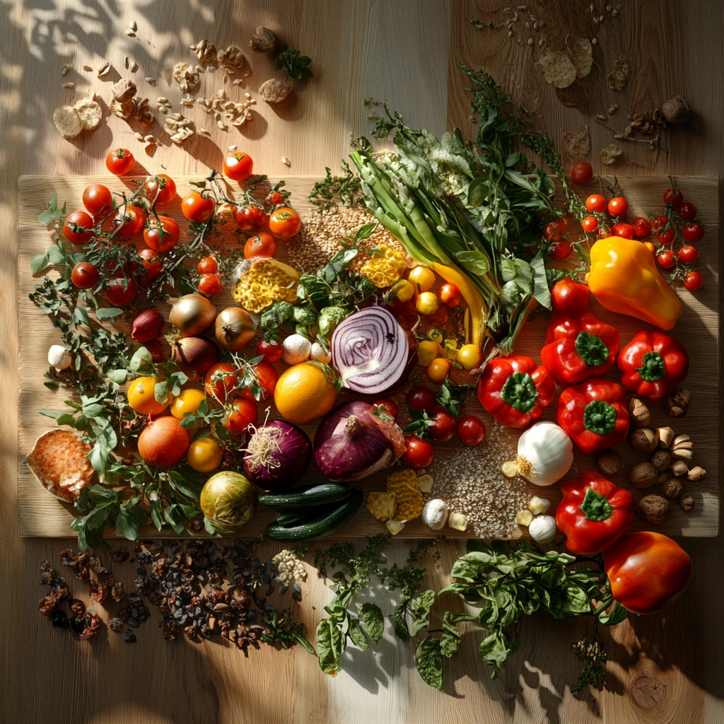 Композиція зі свіжих овочів, фруктів та цільнозернових продуктів для збалансованого харчування